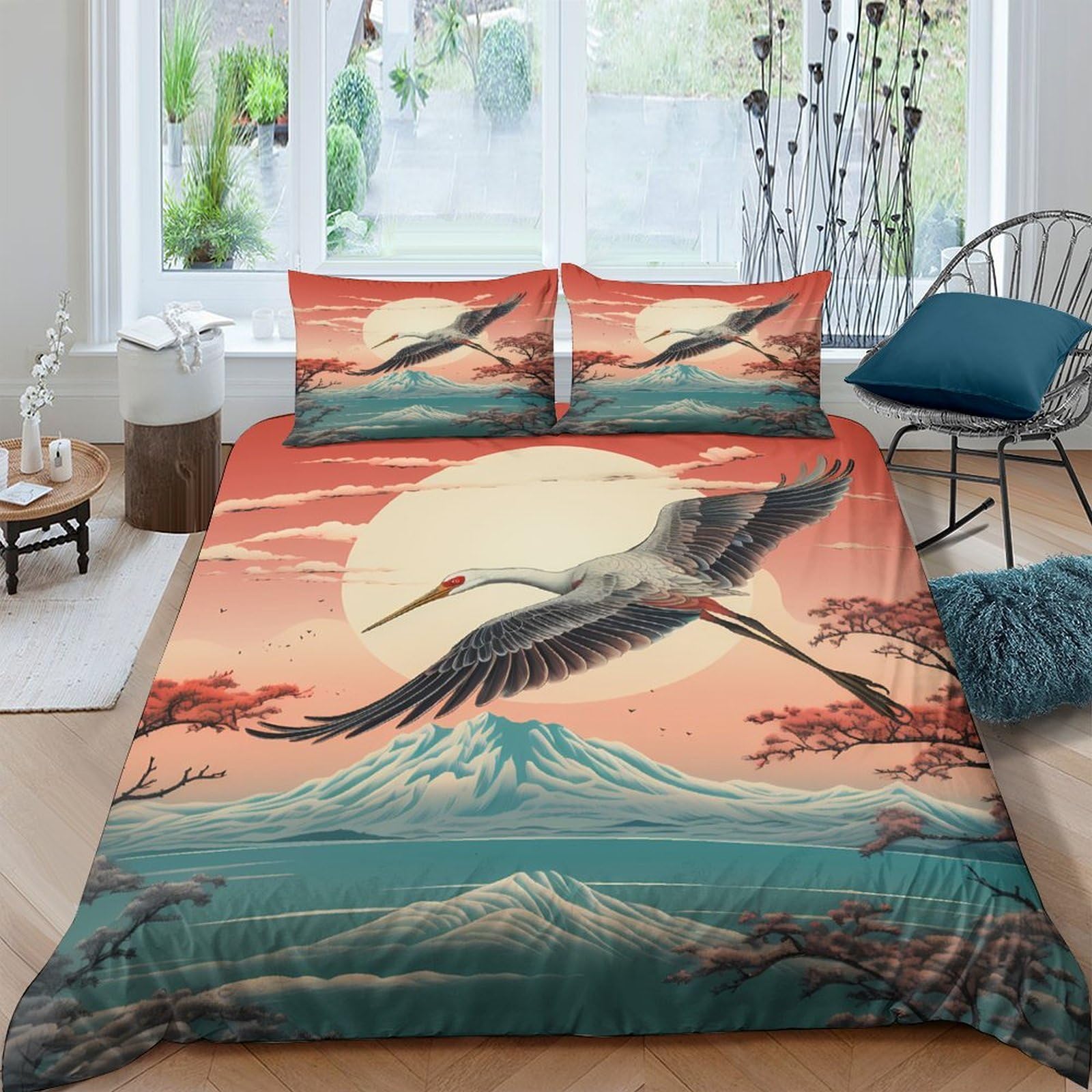 Ctjqhvkz Style-4 3D Printed Crane Sunset Fitted Sheet Microfiber Soft Mountain Art Mattress Cover For Bedroom Dorm Decor Single（135X200cm）
