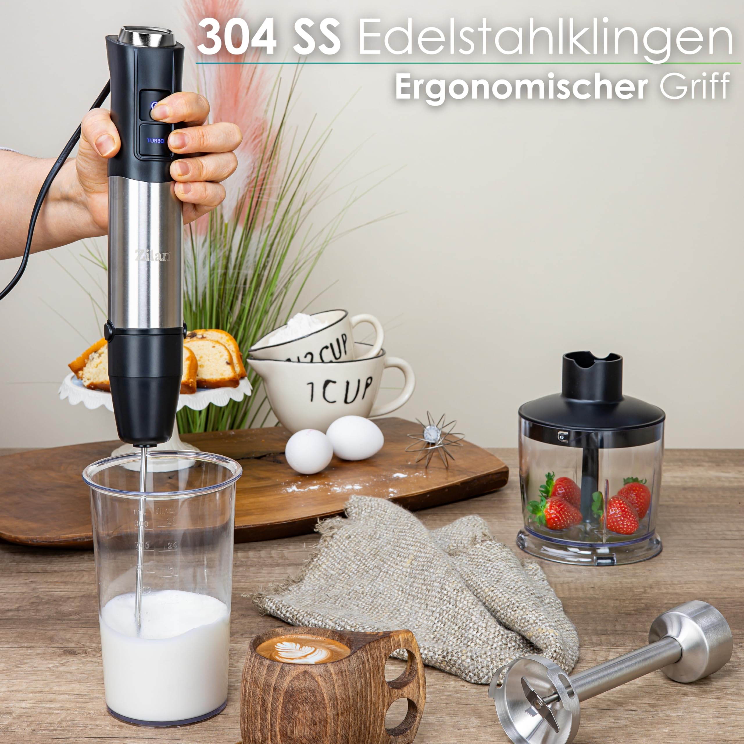 Staafmixer, elektrische staafmixer, 400 W, roestvrij staal, traploze snelheden, roerstaaf voor babyvoeding, soep, smoothies, puree, saus handmixer (wit-zwart