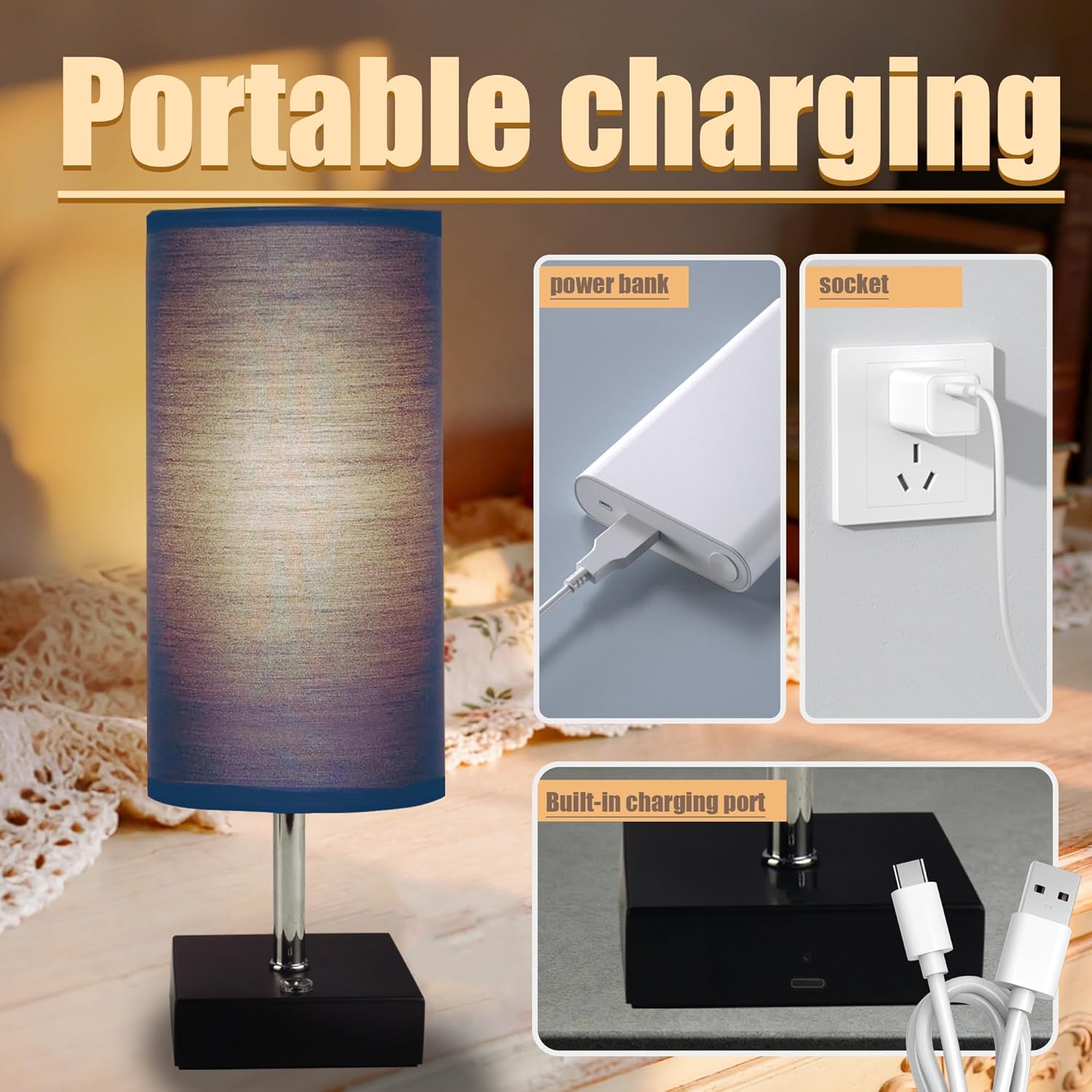 12 Inch Cordless Table Lamp（Blue）-Touch Dimmable, Rechargeable, 8 Inch Fabric Shade, Ideal for Bedroom & Living Room