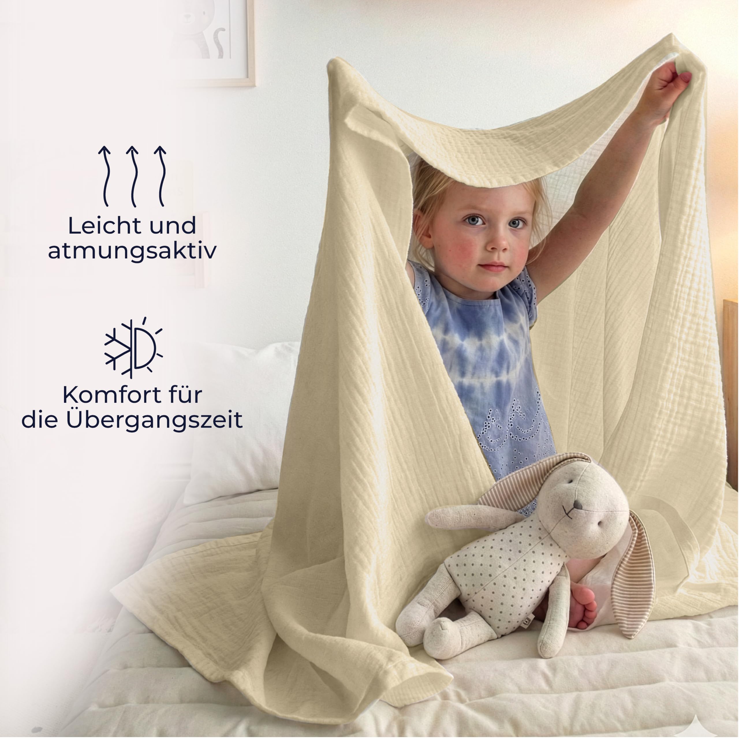 Dreamzie Musselin Tagesdecke 127x177 cm Baumwolldecke Oeko-Tex Zertifiziert Atmungsaktive Kuscheldecke Beige