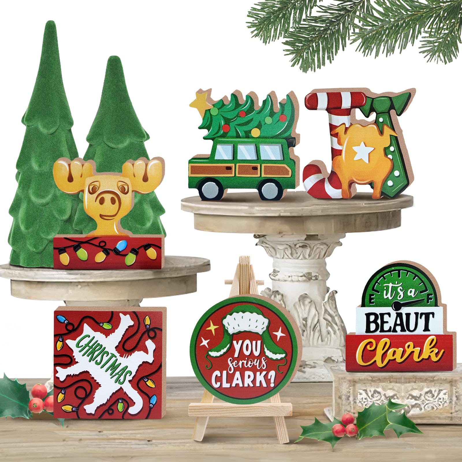 Uruney Christmas Vacation Tiered Tray Decor, Xmas Classic Movie Tray Decorations, Clark Car Cat Deer Joy Winter Wooden Signs, Funny Holiday Rustic Farmhouse Home Decor for Table Shelf Mantel Party