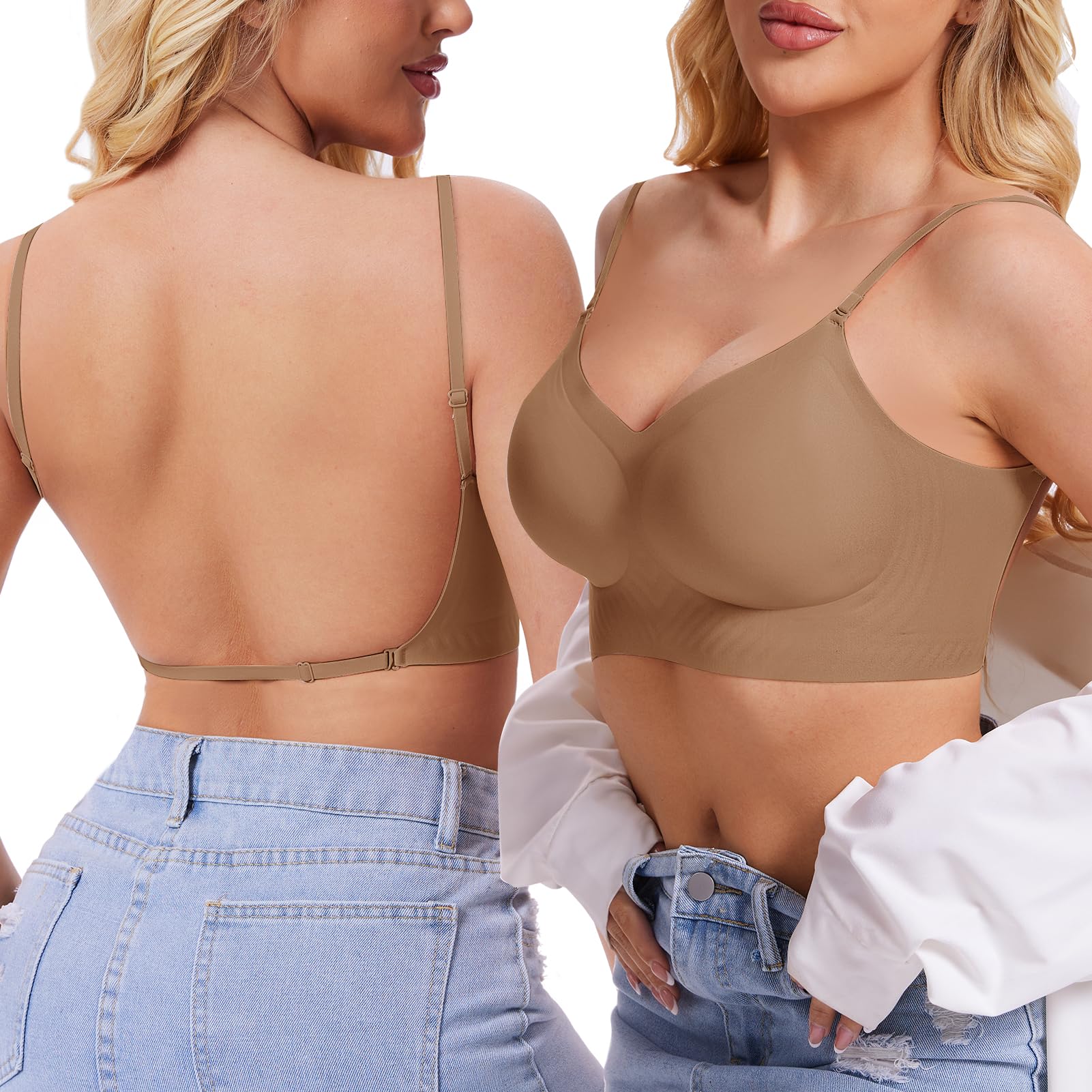 BOUFORSeamless Low Back Bra Wireless Padded Bralette Thin Straps Comfort Halter Backless Cross Multiway Convertible BrasGlobal Recycled StandardGlobal Recycled StandardGlobal Recycled Standard