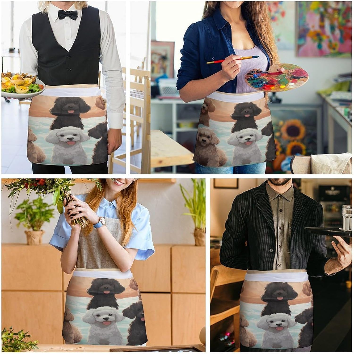 Poodles Dogs Server Aprons for Women And Men Waterproof Half Apron with 3 Pockets Deluxe Oxford Fabric Waist Aprons Adjustable Chef Apron for Kitchen Bar Home