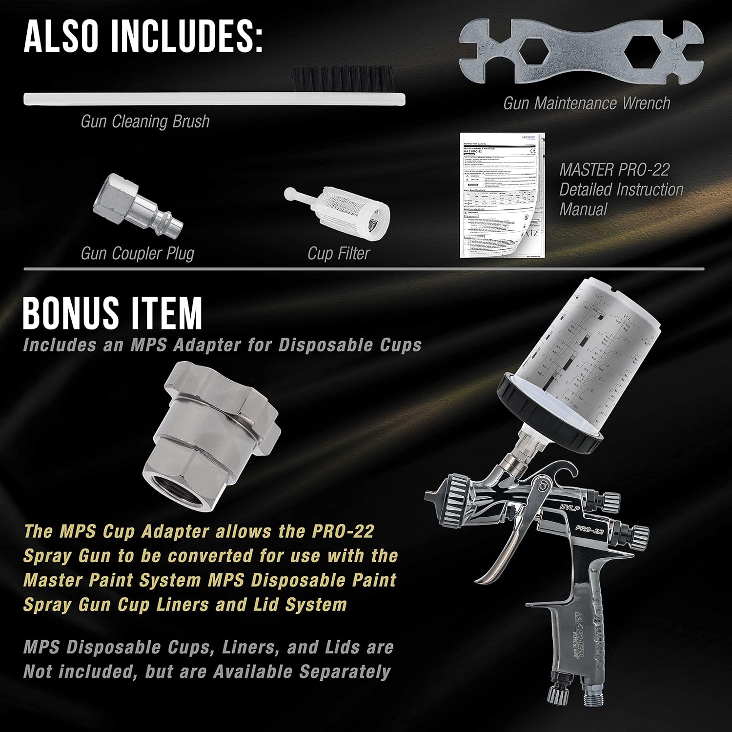 Master Elite Performance PRO-22 HVLP Air Spray Paint Gun with 1.0mm Tip, 150ml Cup, Air Pressure Regulator Gauge - Air Paint Sprayer Gun for Cars, Painting Base & Clearcoats