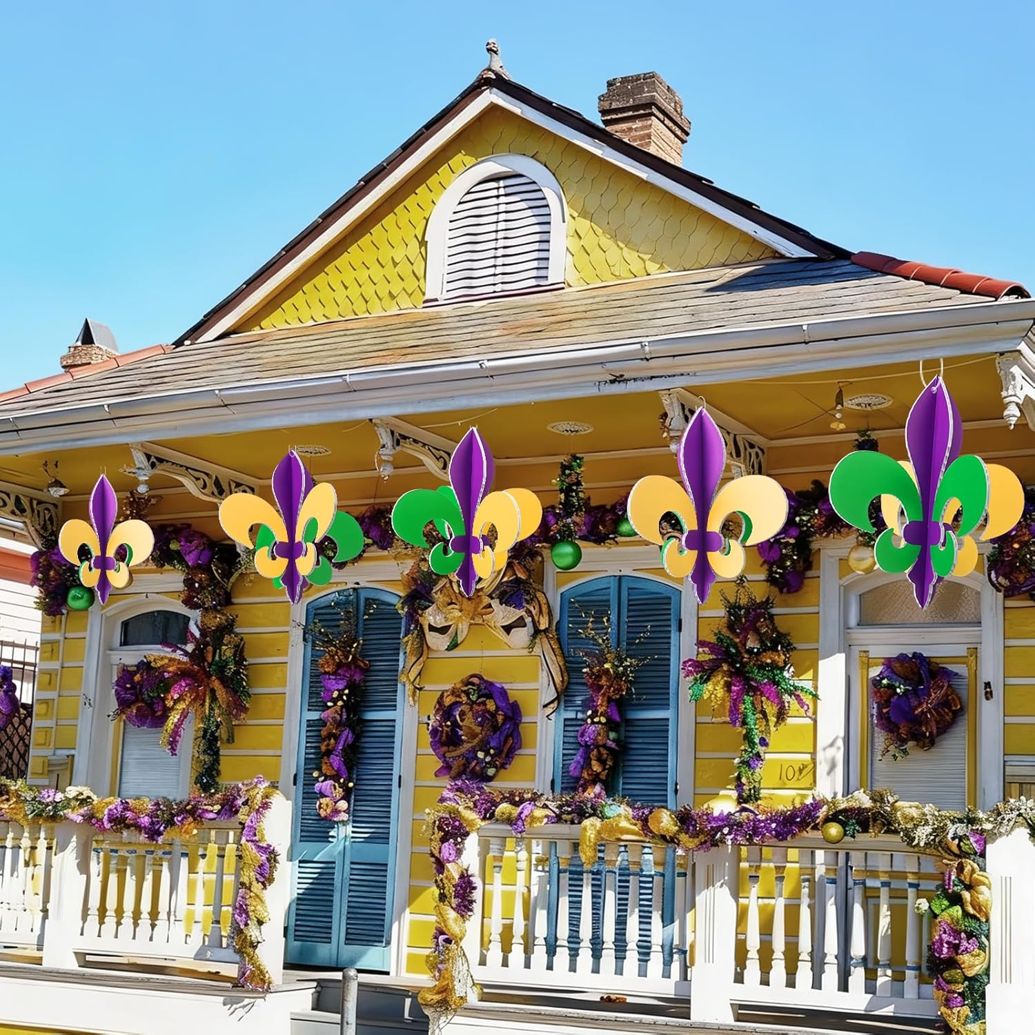 Jenaai 6 Pcs Mardi Gras Decorations Outdoor Fleur De Lis Hanging Sign Ornaments Waterproof New Orleans Double Sided Gold Purple Green for Front Door Home Garden Yard Carnival Masquerade Party Decor