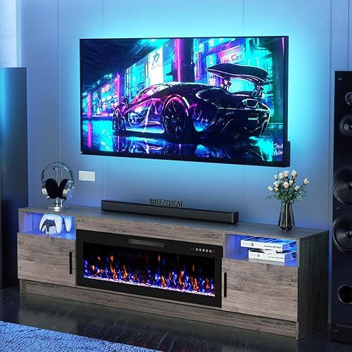 Miniatura 52 de BREEZEHEAT Soporte de TV eléctrico con chimenea de 36 pulgadas de hasta 80 pulgadas, centro de entretenimiento LED con puertas de alto brillo,