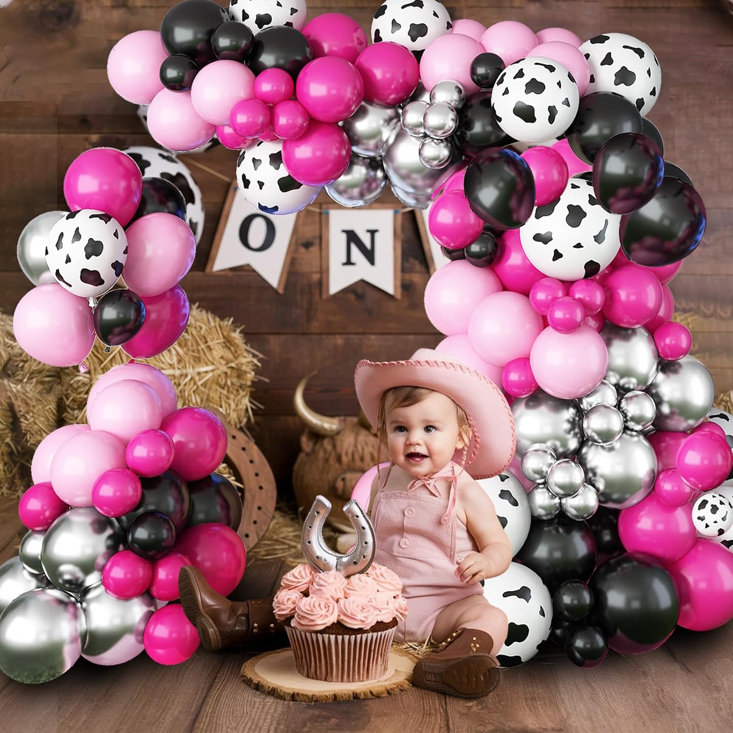 Hot Pink and Black Balloons Arch Kit, 110 Pcs Farm Cow Print Balloon Arch Garland Kit with Metallic Silver Balloons Light Baby Pink Balloons, Cowgirl Farm Birthday Decoration western Balloons for Kids image 3