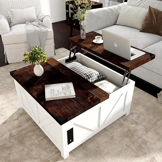 Farmhouse Lift Top Coffee Table with Storage, Wood Square Center Table with Charging Station&USB Ports, Living Room Central Table w/Large Hidden Space, for Living Room, Bedroom, Home Office
