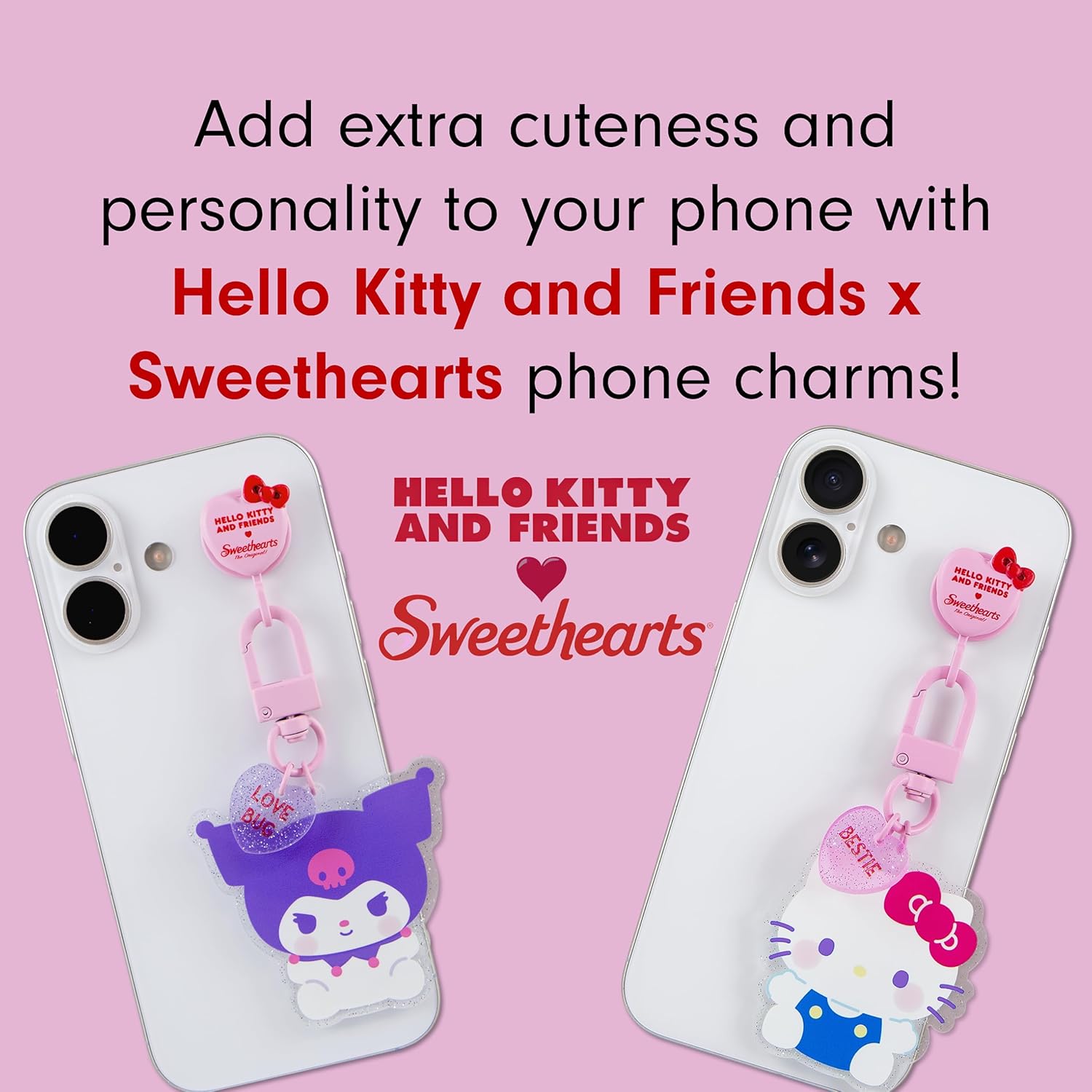 Sonix x Sanrio x Sweethearts Adhesive Phone Charm Blind Box | Smartphone Charm Hook with Surprise Character and Candy Heart Charms | Hello Kitty and Friends x Sweethearts