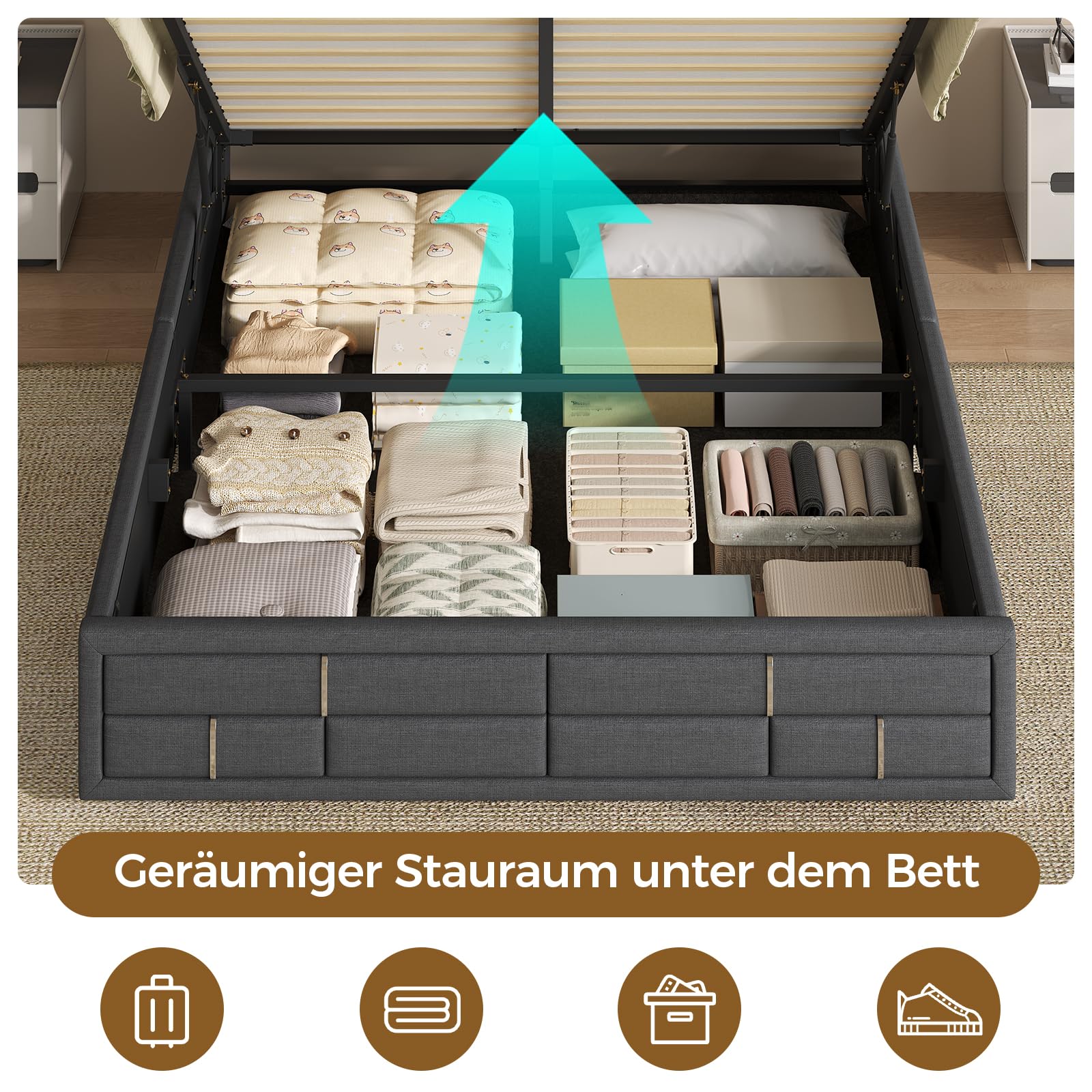 Bett 140X200 mit LED Beleuchtung, Hydraulisches Stauraumbett 140x200 cm, Polsterbett, Regalkopfteil mit Steckdosen, Offenes Regal, Versteckter Stauraum, Bettgestell mit Lattenrost, Leinenstoff grau