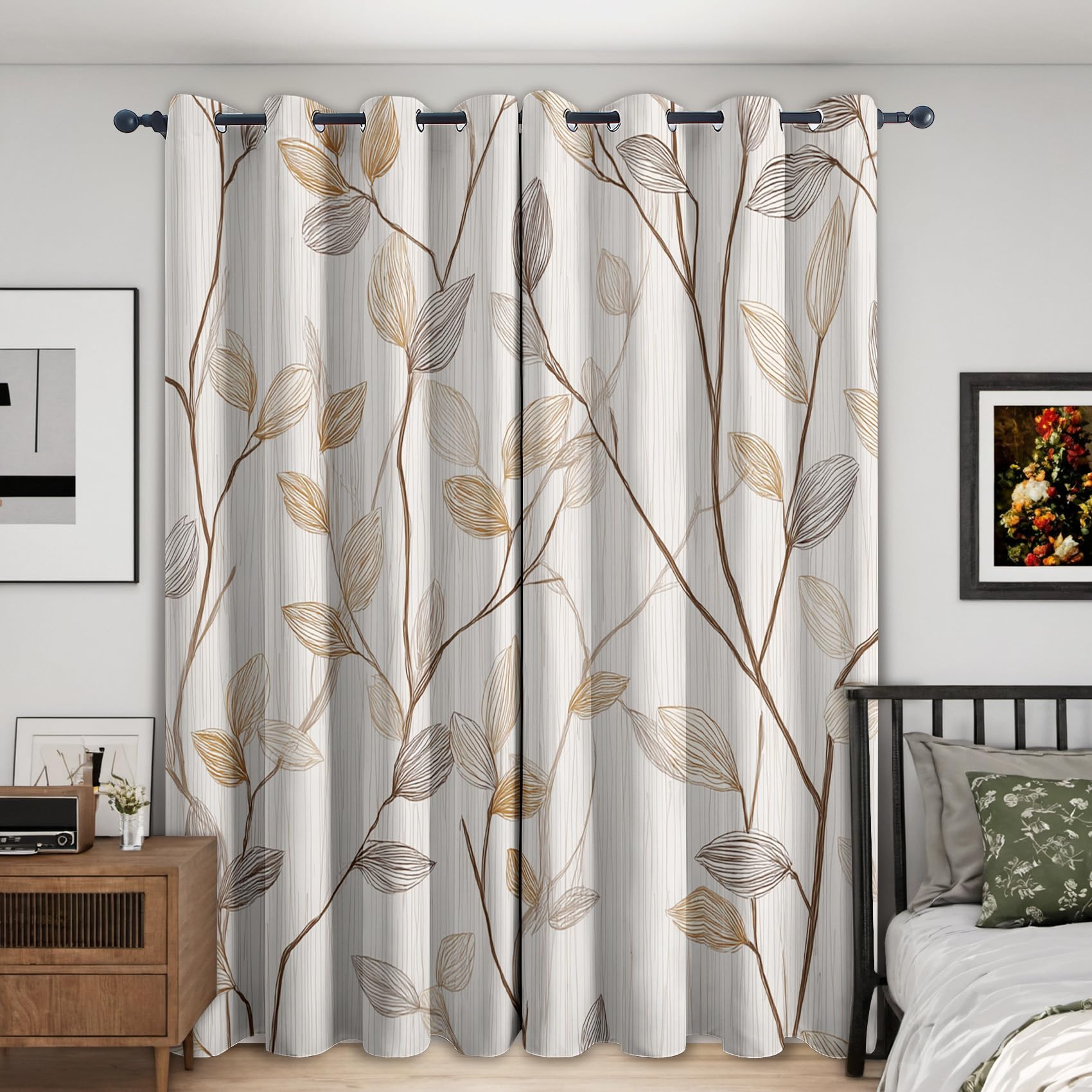 NIYAKA Botanical Leaf Curtain Blackout, Plant Leaves Print Curtains 52x84, Living Room & Bedroom Decor Drapes, Thermal Insulated Eyelet Vintage Cottagecore Window Treatments 84 Drop, 2 Panels โ image 1