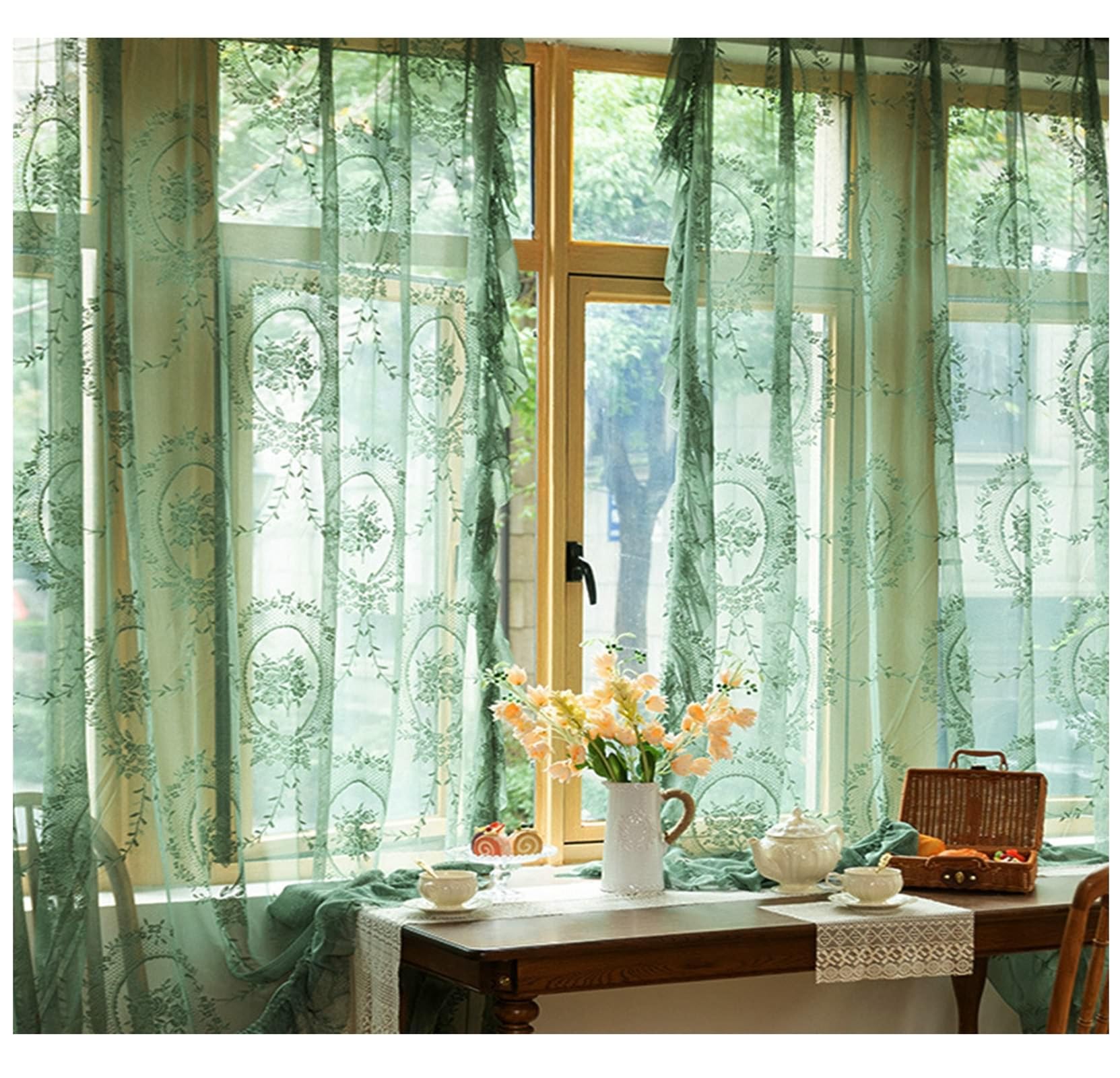 Voilage interieur brodé haut de gamme Beydodo, rideaux oeillets transparents vert à volants
