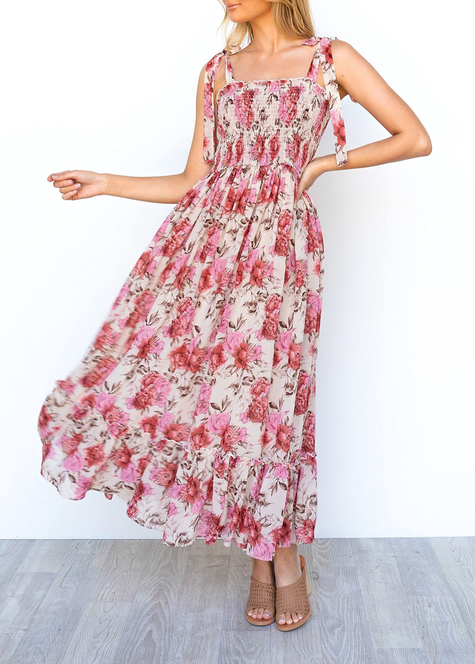 Imily Bela Womens Summer Floral Boho Dress Tie Strap Square Neck Smocked Ruffle A Line Beach Long Maxi Dresses