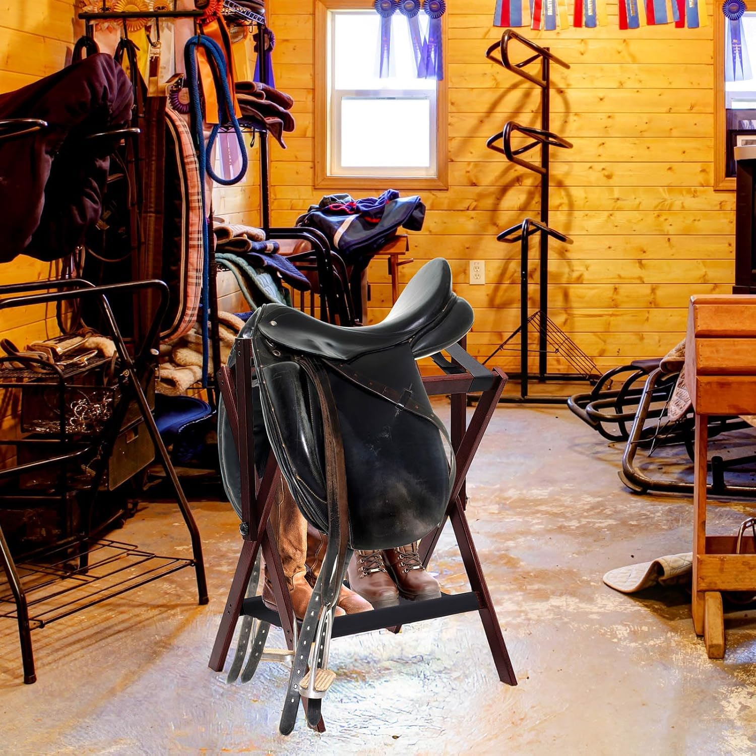 Leinuosen 1 Pack Pine Wood Saddle Rack Portable Folding Horse Saddle Stand 20" L x 17" W x 30" H Storage Pad Rack Blanket Display Holder for English Western Horse Gear Tack Organizers (Walnut Brown)