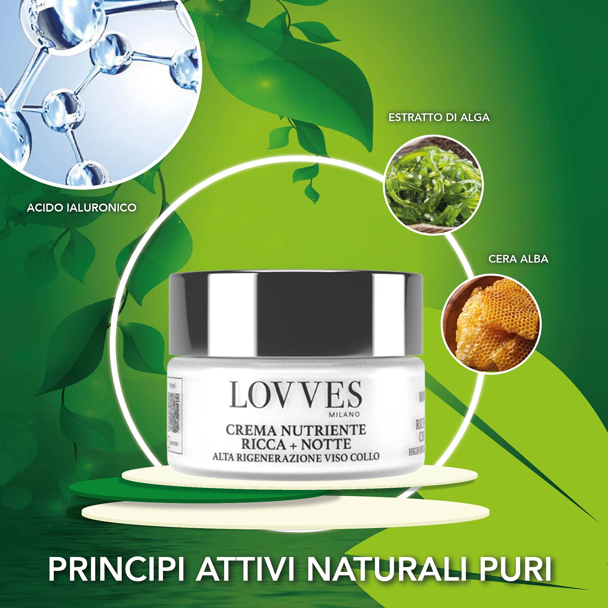 LOVVES Crema Facial Rica Nutritiva, para Día y Noche, Alta Cosmética Natural, Antiarrugas, Favorece la Producción de Colágeno, Hidratante, Regeneración Rostro Cuello,Tarro Cristal 50 ml
