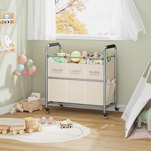 Miniatura 9 de Tajsoon - Carrito clasificador de ropa de 3 bolsas, cesta clasificadora de ropa con ruedas con bloqueo resistente para almacenamiento de ropa, Beige
