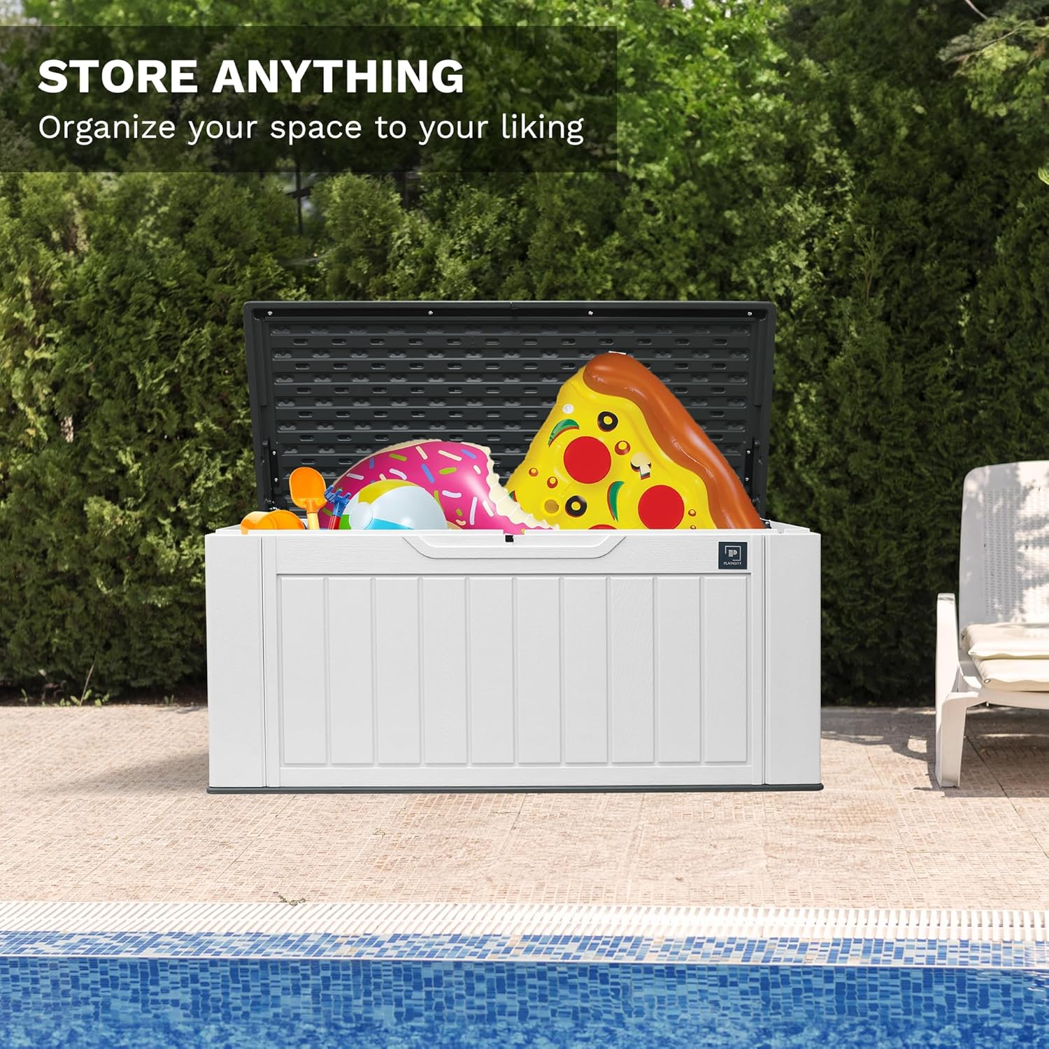 230 Gallon Large Deck Box, Durable Waterproof Resin Deck Box for Patio Furniture, Garden Tools, Pool Storage (White, 150Gallon)