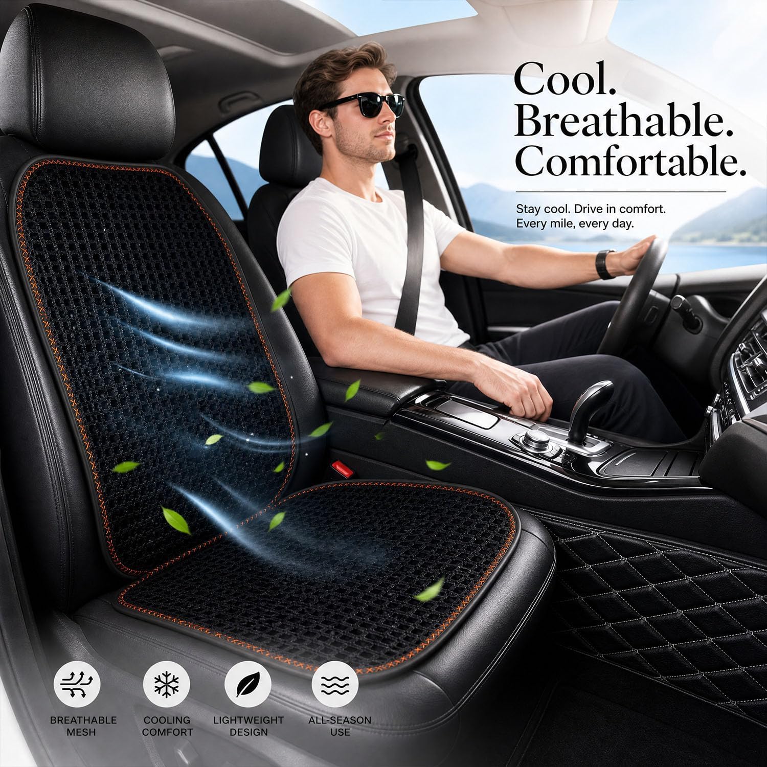 Cooling&Breathable 3D Air Mesh Car Seat Cushion for Summer, Universal Ventilated Comfortable Seat Pad, Suitable for Sedans,Vans,Pickup,Trucks,Suvs (Black-1PcsBackCushion+1PcsSeatPad) image 2