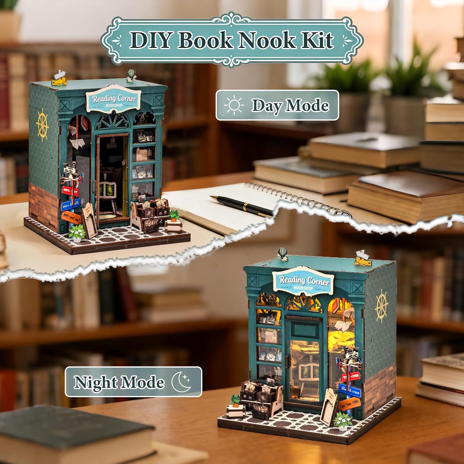 DIY Miniature Dollhouse Book Nook Kit – Reading Corner Bookshop Bookshelf Insert with LED Lights, Tiny House Model for Adults & Teens, Booknook Library Home Decor & Gift Idea for Family and Friends