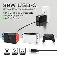Vista 2 de Nyko 39W USB-C Fast Charger for Nintendo Switch - Supports TV Dock Mode, 15V, 2.6A Charger with 8ft Cord for Rapid Charging - Works with Steam Deck