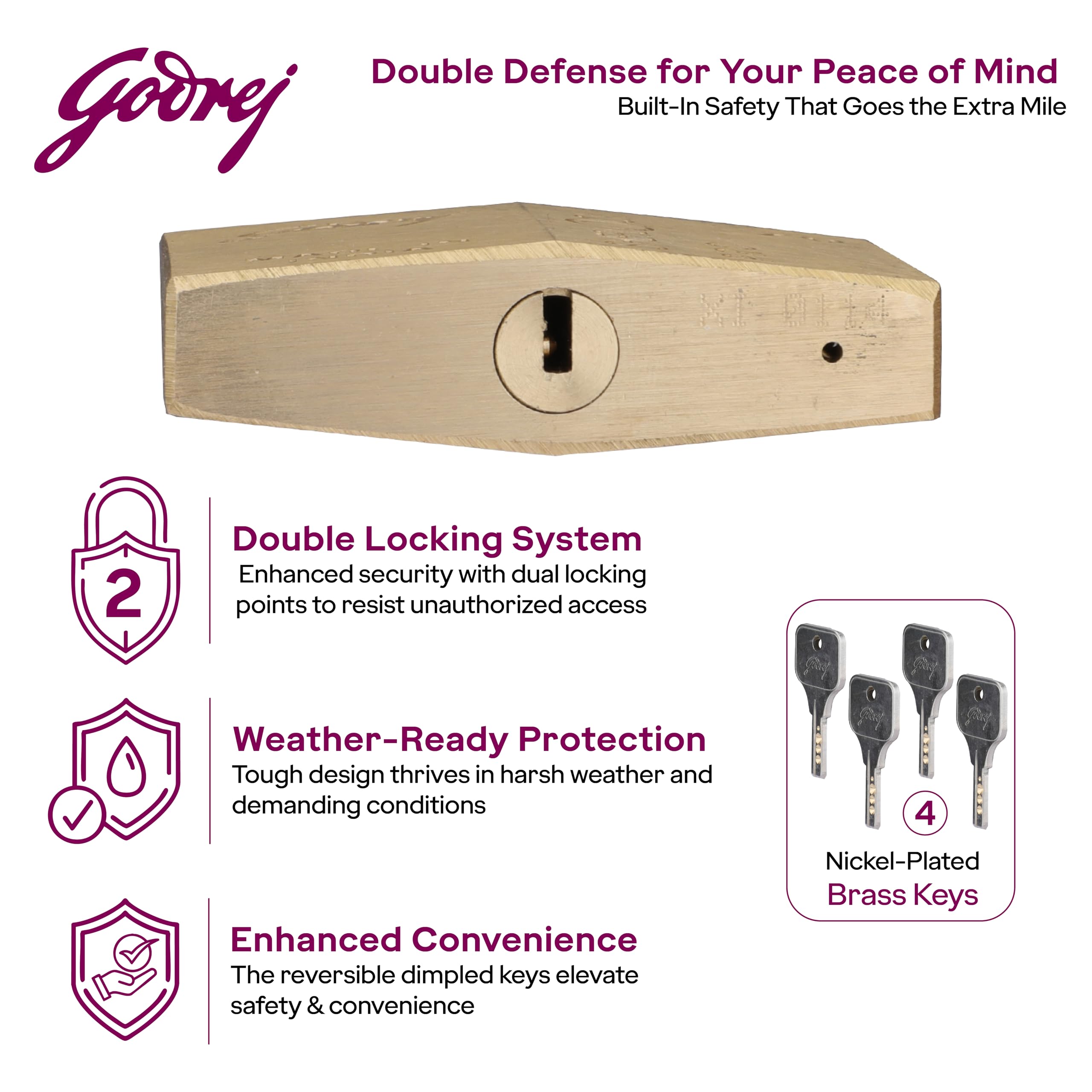 Godrej Locks | Sherlock Pro (70mm) Padlock | with 3 Keys | Premium Solid Brass Lock | Self-Locking Shackle | Double Locking | Rust-Resistant | Suitable for Doors | 1 Years Warranty — Amazon image 6