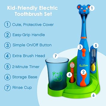 Brusheez Kids Electric Toothbrush Set - Safe & Effective for Ages 3+ Parent Tested & Approved with Gentle Bristles, 2 Brush Heads, Rinse Cup, 2-Minute Timer, Storage Base (Buddy the Bear)