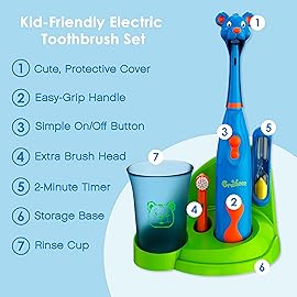 Brusheez Kids Electric Toothbrush Set - Safe & Effective for Ages 3+ - Parent Tested & Approved with Gentle Bristles, 2 Brush Heads, Rinse Cup, 2-Minute Timer, & Storage Base (Buddy The Bear)