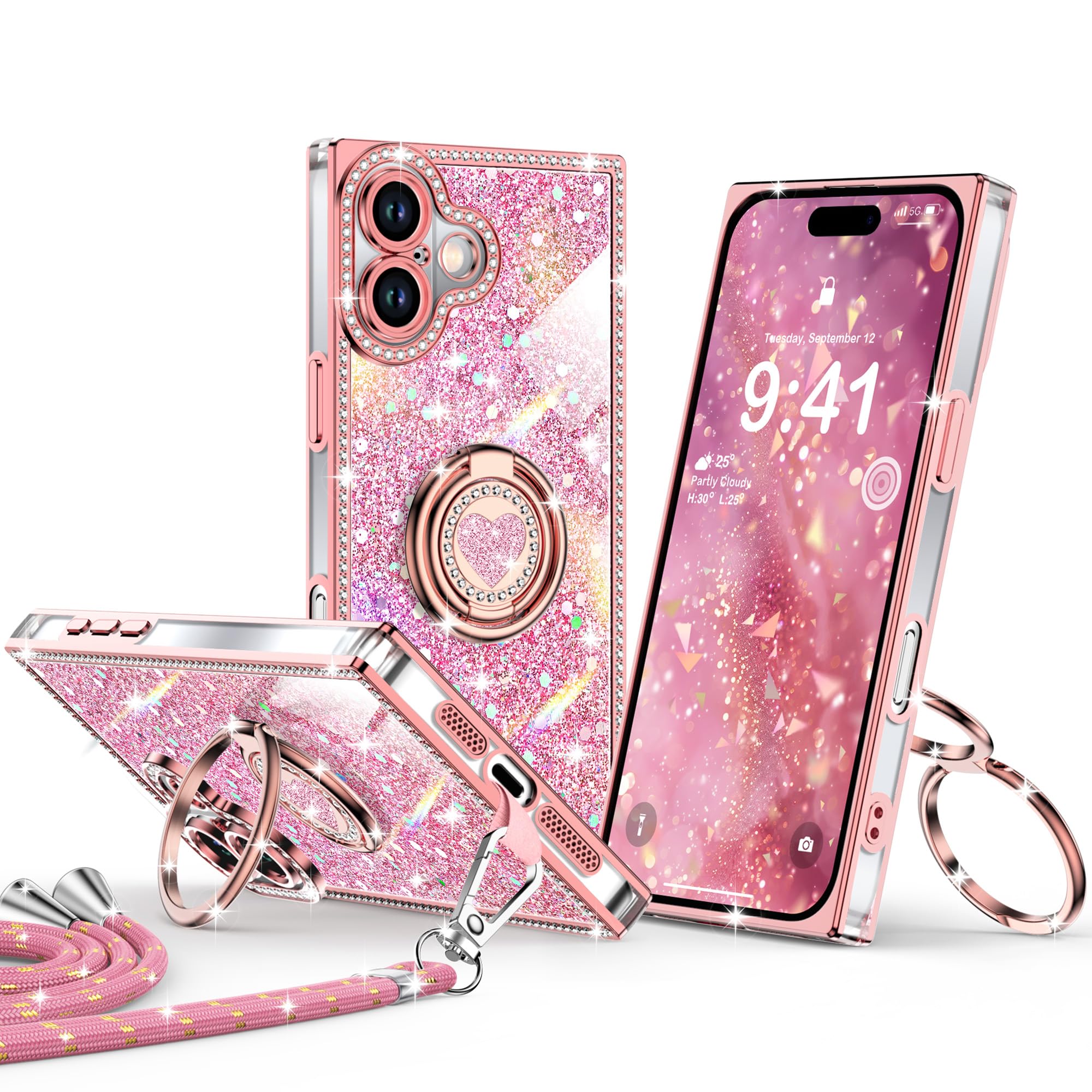 XYZ for iPhone 17 Case, Glitter Bling Phone Cover with 2-Ring Heart Stand & Lanyard, Women Girls Luxury Rhinestone Shockproof Protective Case for iPhone 17, Pink