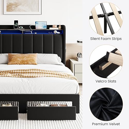 Miniatura 9 de SHA CERLIN Base de cama de terciopelo tamaño Queen con cabecera capitonada de canal vertical y 2 cajones de almacenamiento, estantes de 2 niveles