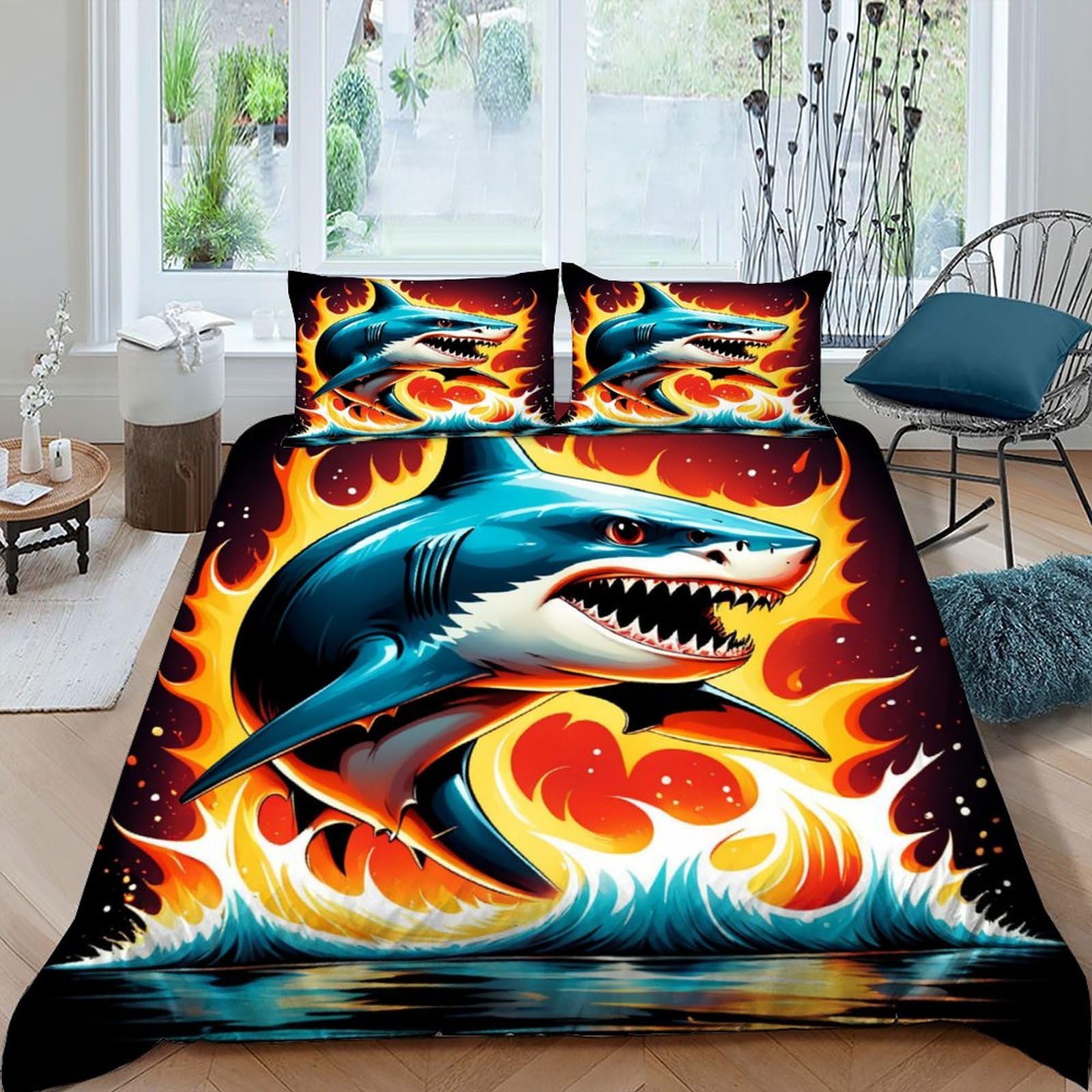 Housse de couette requin 220x240 cm parure de lit animal 2 personnes microfibre avec 2 taies