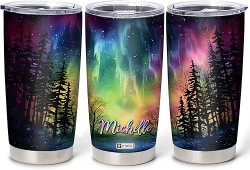Hyturtle Regalos personalizados para los amantes de la aurora boreal  Aurora Rainbow Skyline Prints vaso de acero inoxidable con nombre