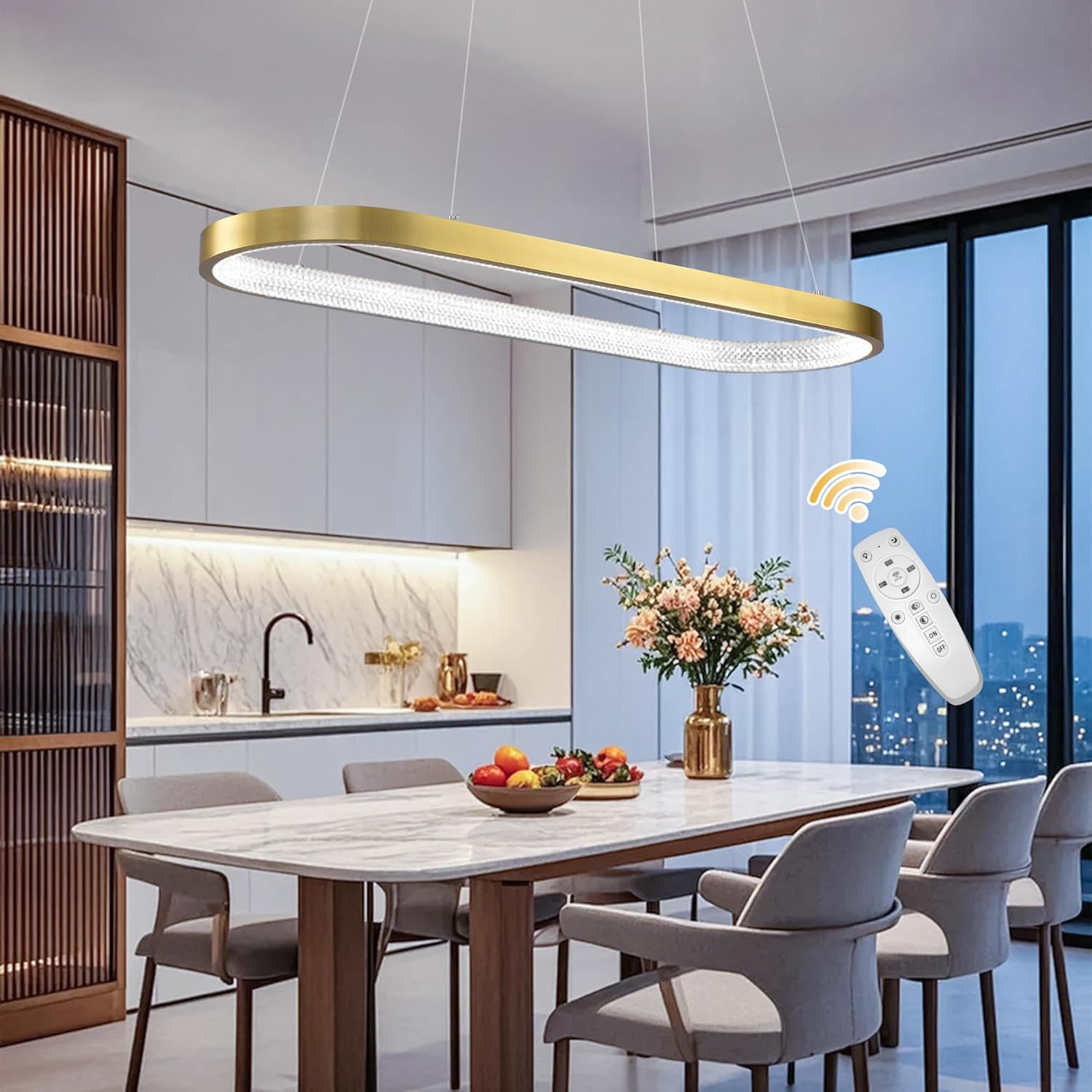 47" LED Gold Rectangle Chandeliers for Dining Room, Modern Oval Rectangular Kitchen Chandelier, Dimmable LED Light Fixture with Remote, for Kitchen Island, Dining Room, Bar