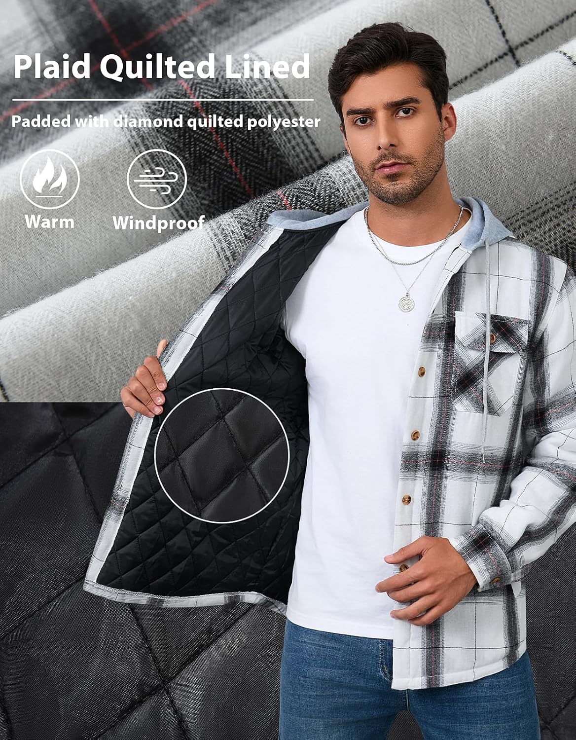 Men's Quilted Lined Flannel Shirt Jacket Button Down Flannel with Hood Lightweight Quilted Jackets for Men - Image 5