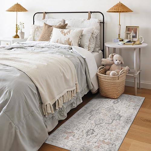 GENIMO 3x5 Washable Small Area Rug for Bedroom, Non Slip, Taupe | Vintage Floral Rug, Stain Resistant, Low Pile and Lightweight for Entryway, Kitchen, Bathroom and Office Chair Area