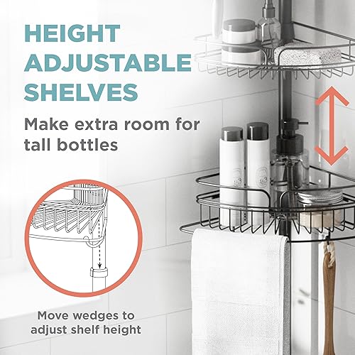 Miniatura 4 de Zenna Home Organizador de ducha con poste de tensión, 4 estantes con barra de toalla integrada, ajustable, de 60 a 97 pulgadas, negro mate