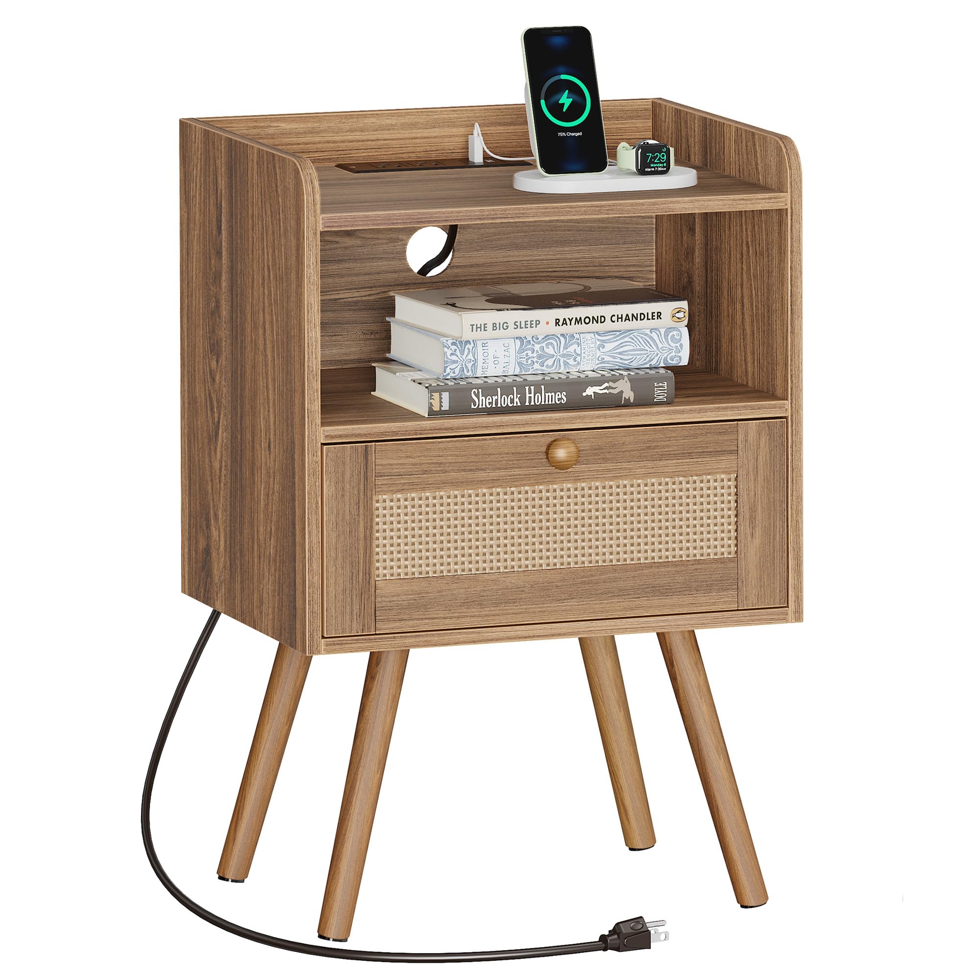 SUPERJARE Comodino con stazione di ricarica e cassetto decorativo simile a rattan, tavolino in rattan con piedi in legno massello, tavolino da letto con contenitore aperto, per camera da letto