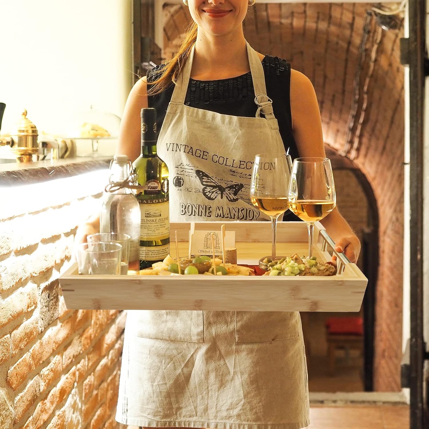 Bamboo Wood Serving Tray with Gold Polished Metal Handles, Decorative Tray Platter Coffee Table Tray Rectangular Wooden Breakfast Tray for Ottoman, Kitchen, Bedroom, Lap &Couch - 15x10.4 Inch - Image 4