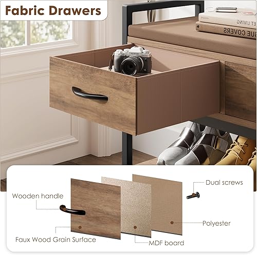 Miniatura 7 de BOTLOG Banco de zapatos, banco de almacenamiento de zapatos de 39.4 pulgadas con cojín, organizador industrial para zapatos con cajones de tela,