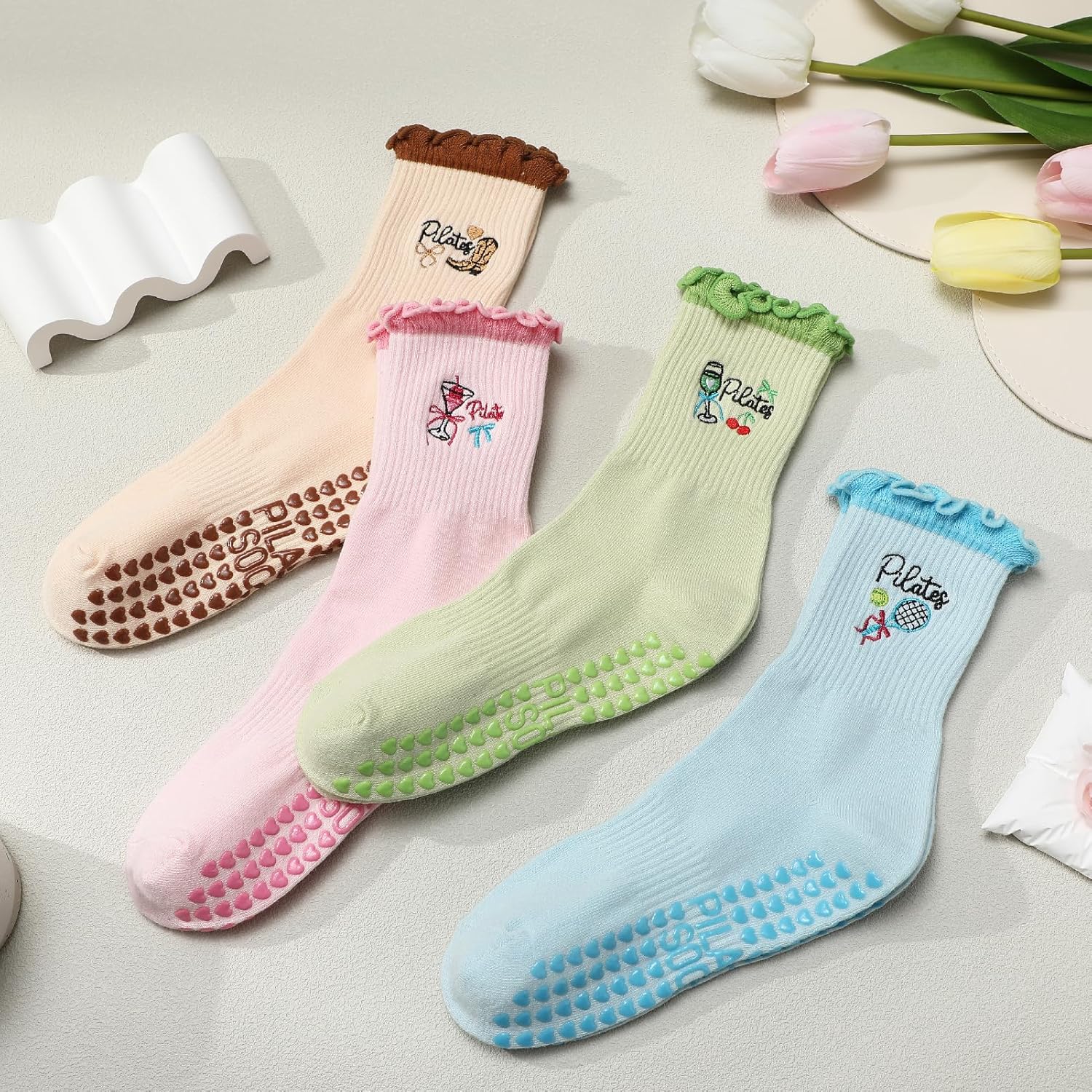 Jspupifip 4 Pairs Women Non-Slip Yoga Socks Cute Ruffle Grippy Socks for Pilates Barre Ballet Fitness Workout - Image 6
