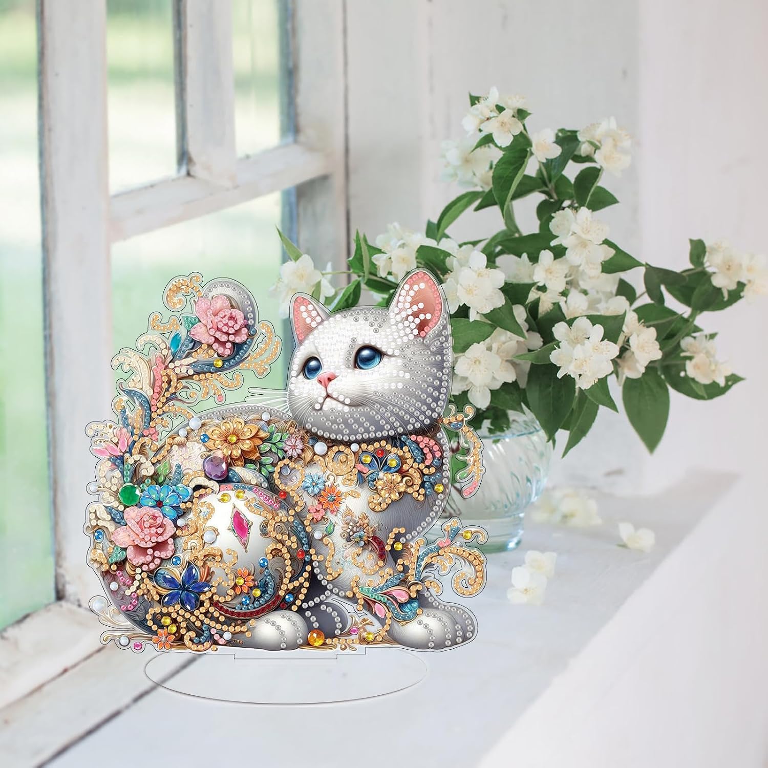 BAYUNOE 2Pcs DIY Diamond Art Painting Desktop Ornament Handmade Single Sided Diamond Special Shaped Crystal Diamond Art Decorated Tabletop Ornaments for Home Decor-Cat02