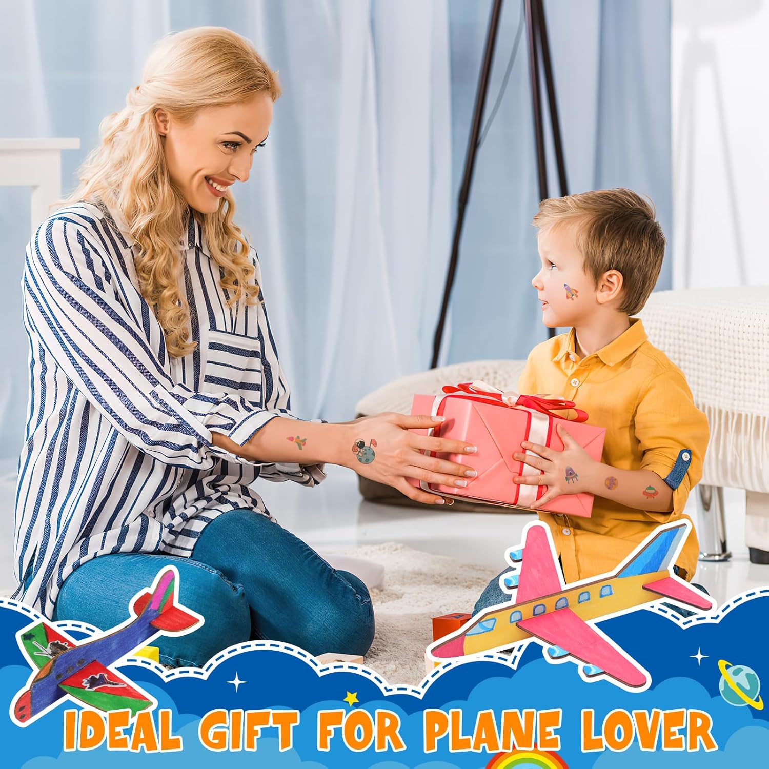 24 Pack DIY Wood Planes, Mini Airplane Paint and Decorate Wooden Airplane Craft Kits with Decorate Tools for Kids School Craft Decor Projects