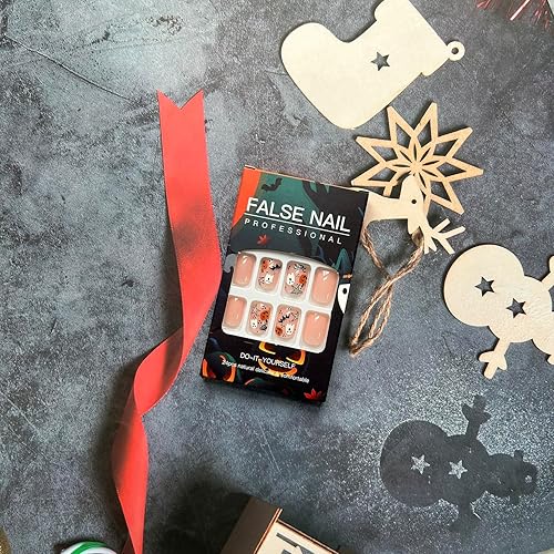 Miniatura 5 de Uñas postizas a presión de Halloween de color rosa, uñas postizas cortas cuadradas de cobertura completa con diseños de murciélago, fantasma,