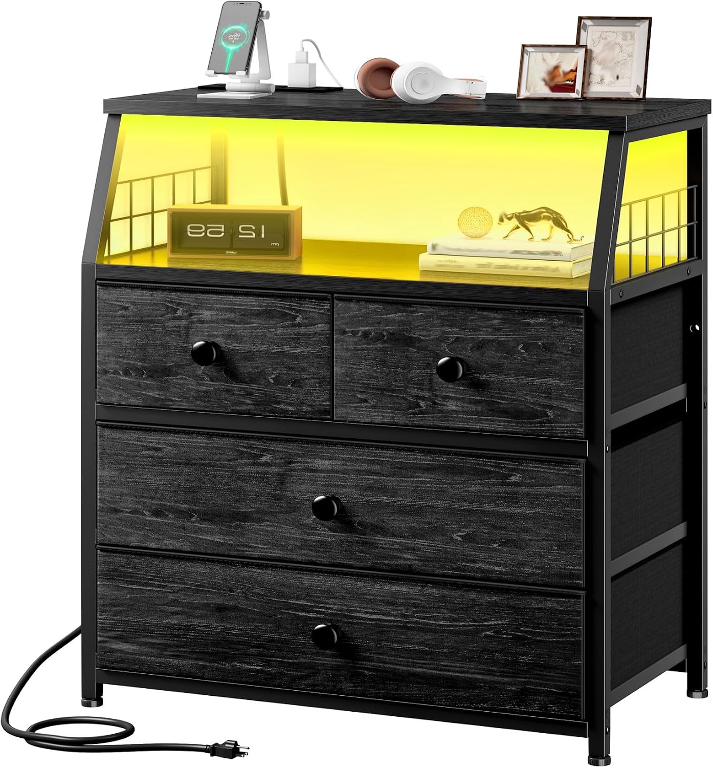 EnHomee Nightstand, 4 Fabric Drawer, LED Lights, Black
