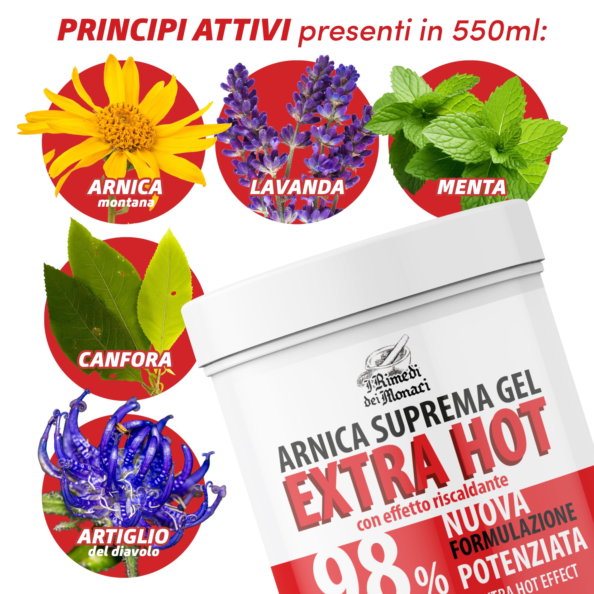 ARNICA SUPREMA GEL 98% SUPER HOT – Formula Potenziata con Arnica Montana, Artiglio del Diavolo e Canfora – Sollievo per Muscoli e Articolazioni – Crema Riscaldante, Extra Forte – 2x550ml