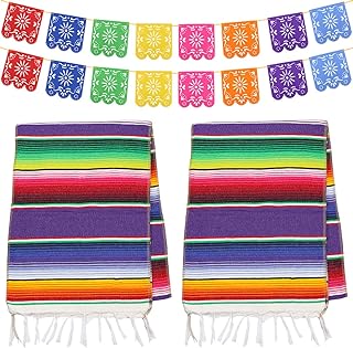 2pcs Mexican Table Runners 14 x 84 inch Serape Table Runner Mexican Tablecloth Boho Mexican Party Decoration for Cinco de Mayo Fiesta Party with 16pcs Picado Banner Fiesta Zarape Table Runner