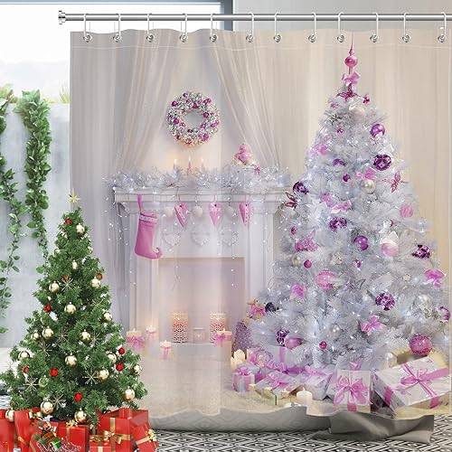Miniatura 4 de LB Cortina de ducha con diseño de árboles de Navidad cubiertos por bolas rosas, regalos para chimenea, cortina de ducha, ganchos de invierno para