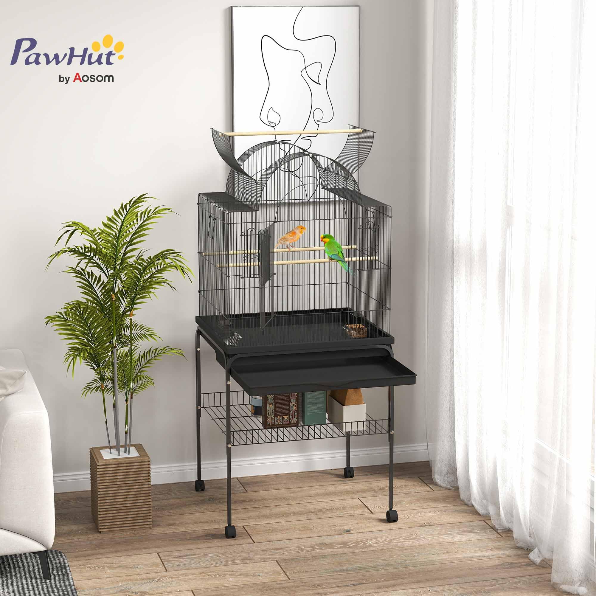 PawHut - Jaula para pájaros con Bandeja, Bandeja de Almacenamiento, alimentador, Jaula para Loro, Jaula con Ruedas para periquitos, Canarios, calopsitas, Acero, 63 x 53 x 144 cm, Color Negro