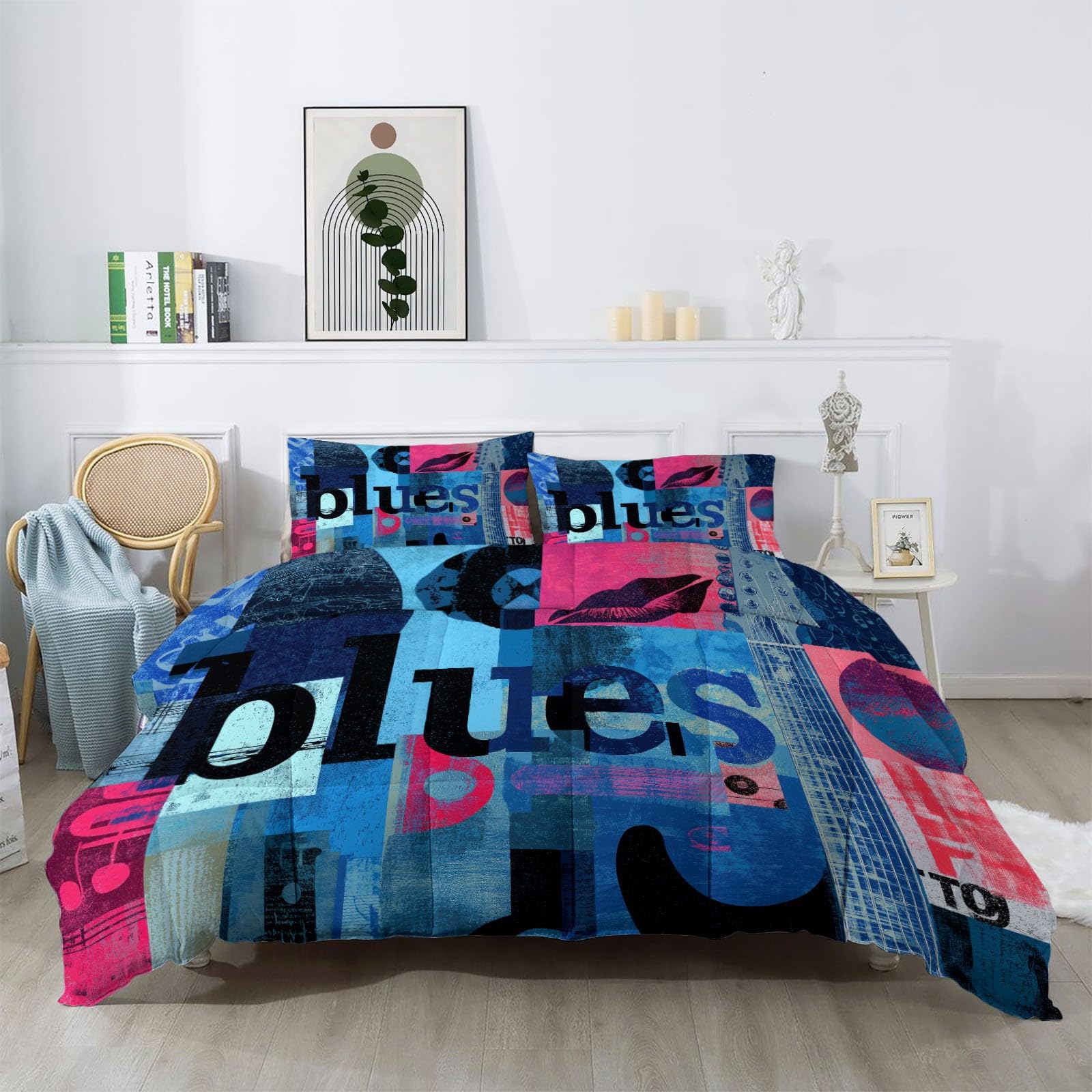 Coverless - Piumone reversibile con note musicali e chitarra, 135 x 200 cm, stampato, morbido, per letto singolo, 4,5 tog, per tutte le stagioni, stile retrò, trapuntato, anallergico e lavabile