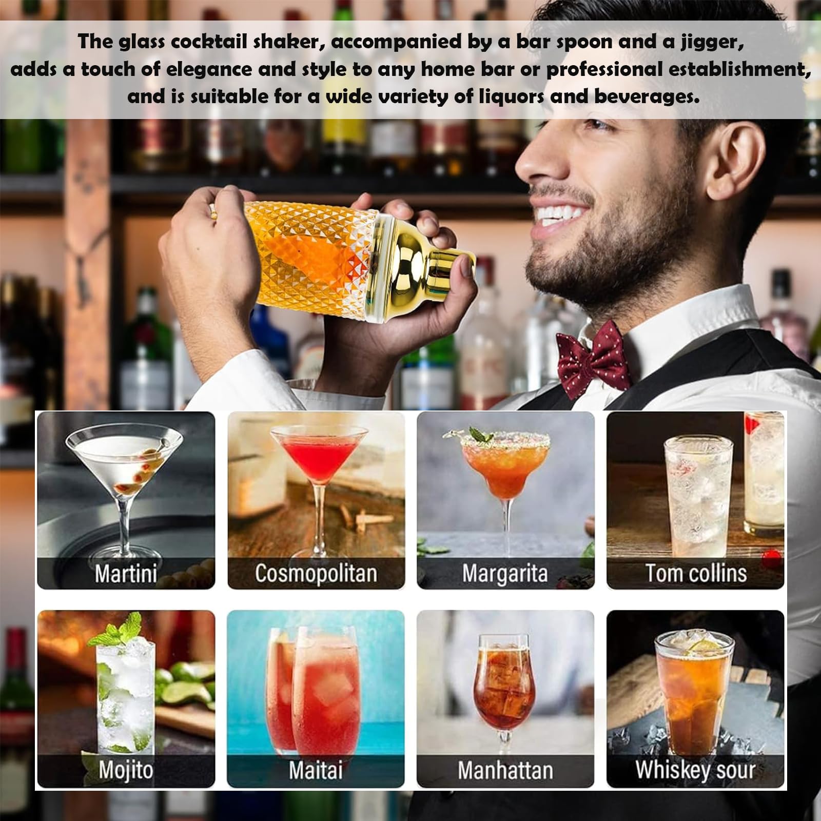Set Di Shaker per Cocktail In Vetro 400ml, Shaker Da Cocktail In Vetro Trasparente, 400 Ml Shaker In Cristallo, Con Misurino e Cucchiaio, per Bar Domestici, Bevande a Base Di Succhi Di Frutta, Oro