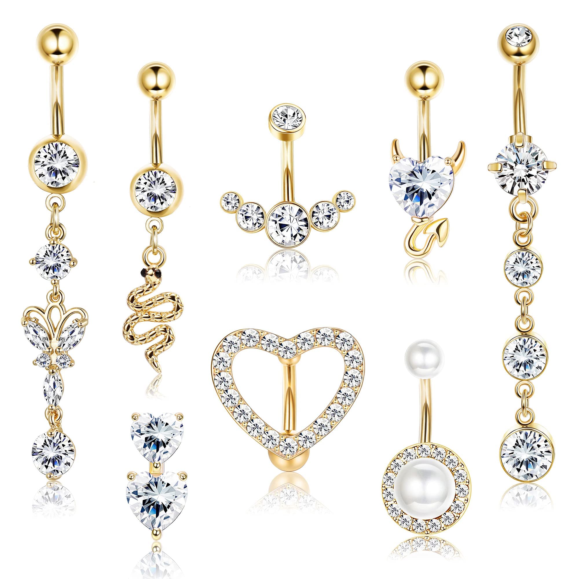 JeryWe8 Piezas Piercing Ombligo Colgante para Mujer de Acero Inoxidable Mariposa Serpiente Anillo de Botón de Ombligo Piercing Niñas Vientres Anillo 14G